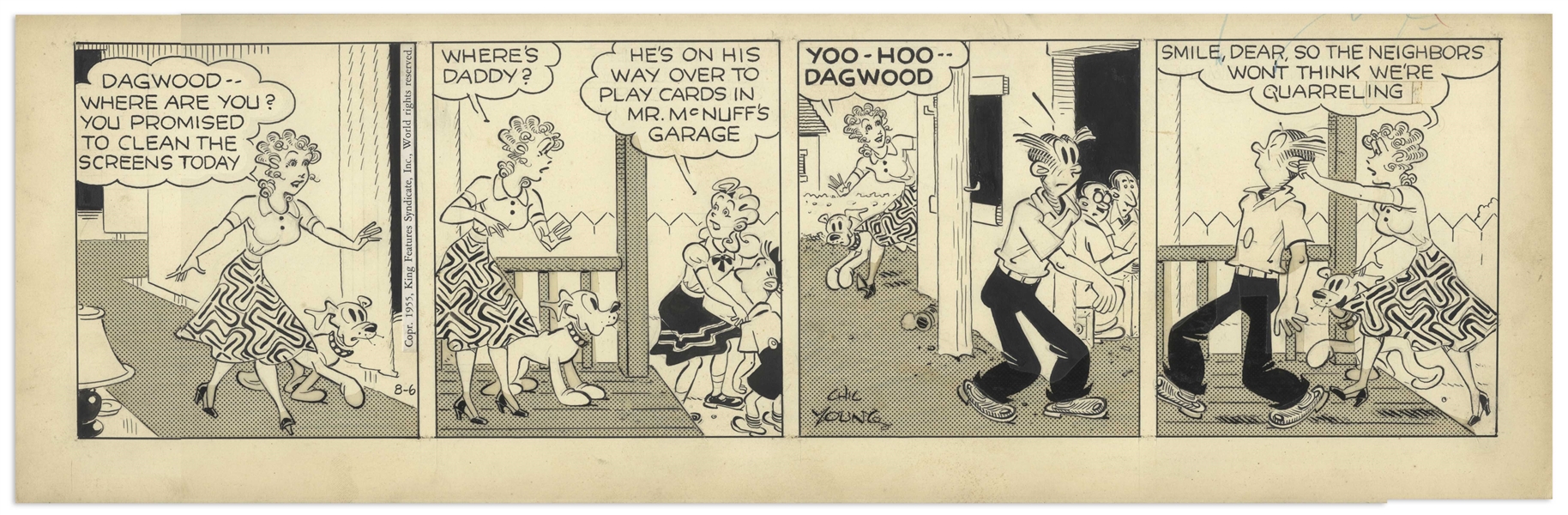 Chic Young Hand-Drawn ''Blondie'' Comic Strip From 1955 Titled ''Let's Play a Game'' -- Blondie Means Business